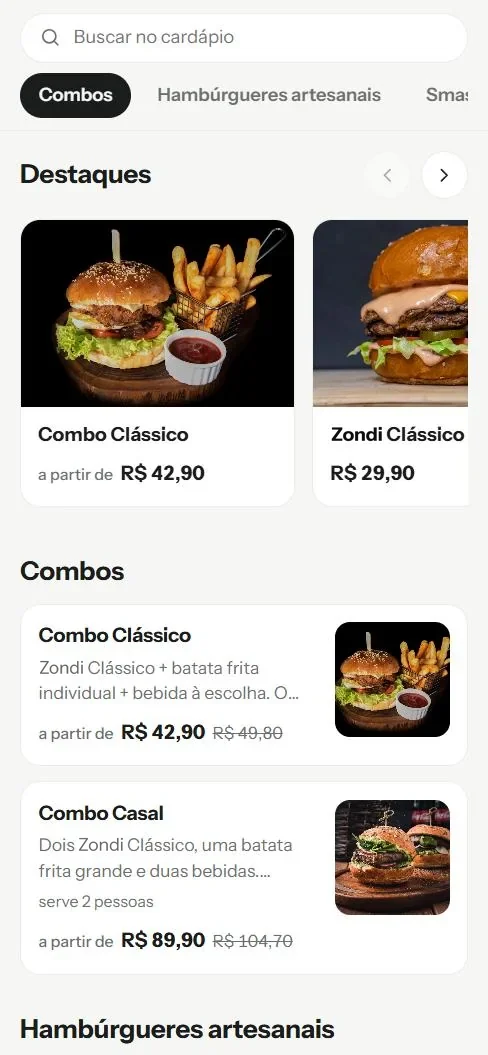Destaques e combos do cardápio com fotos e preços promocionais