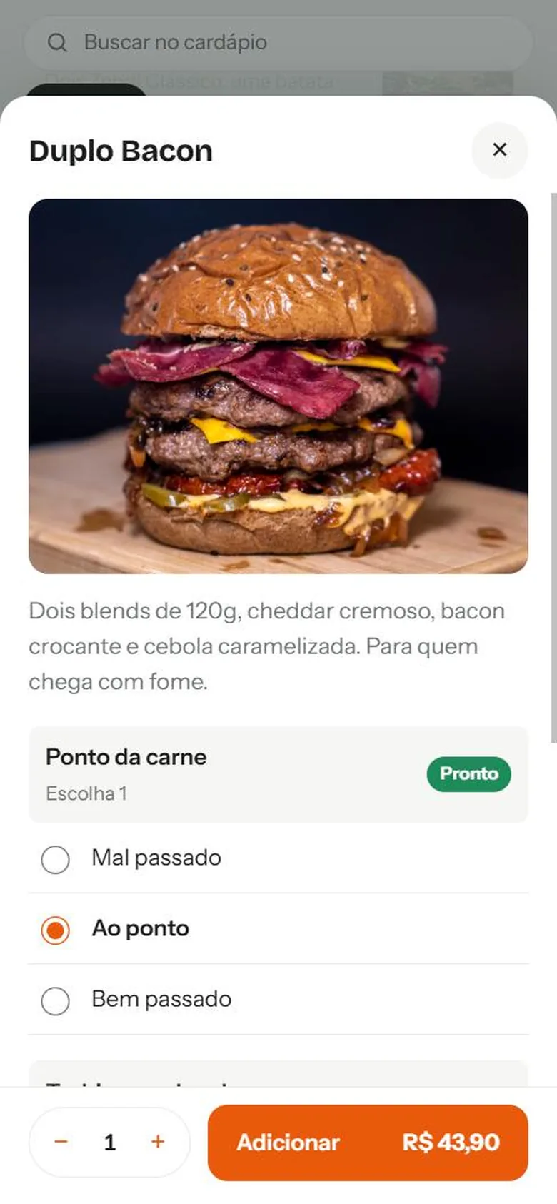 Produto Duplo Bacon aberto no cardápio, com foto, ponto da carne e botão Adicionar